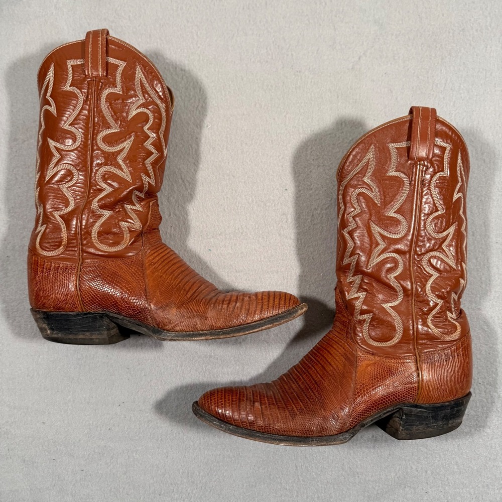 Tony Lama Mens Vintage Lizard Skin Western Cowboy Boots Cognac Brown 10D
